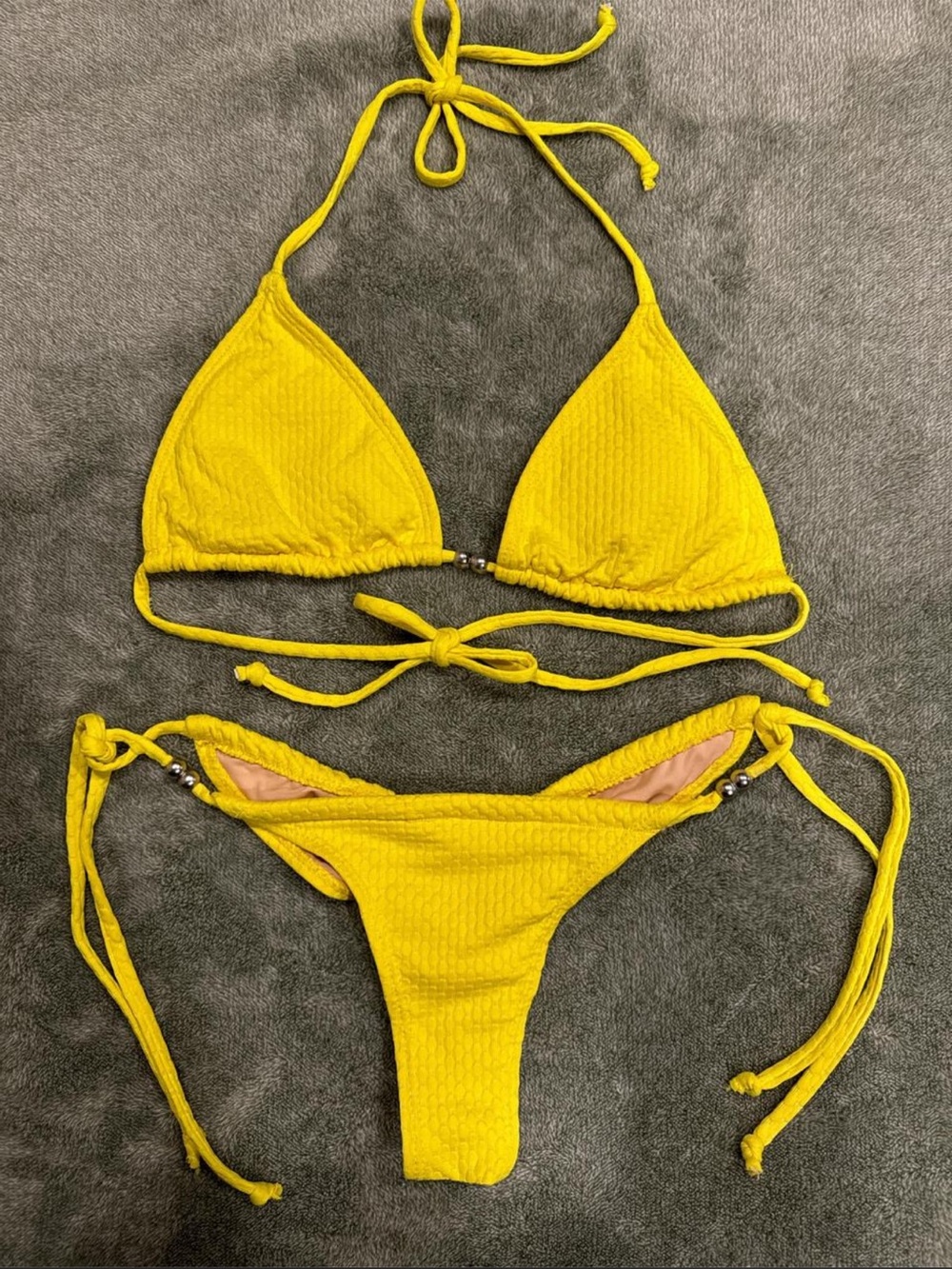 Textured Yellow Tie-Side Triangle Bikini Set